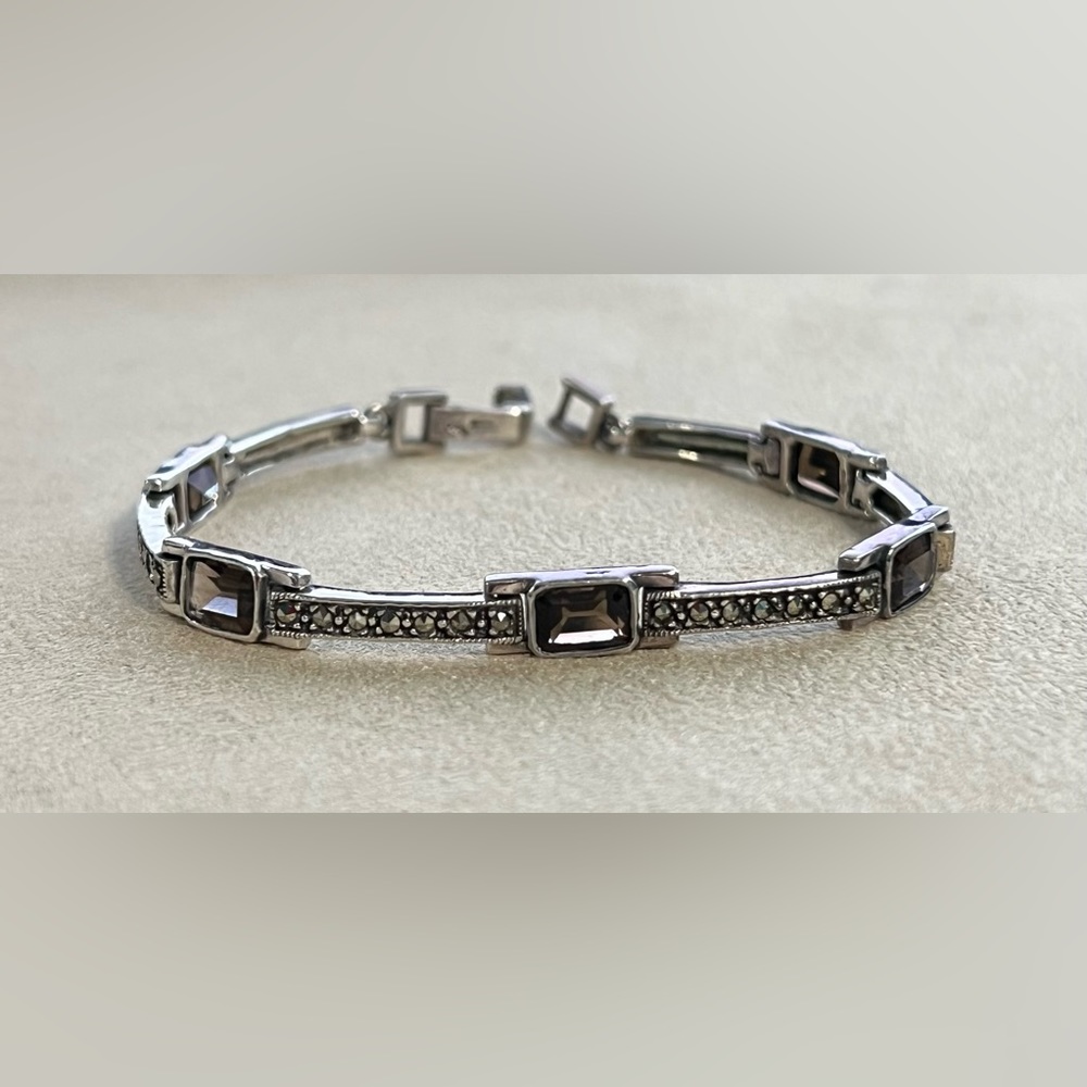 Vintage Sterling Silver Smoky Topaz Marcasite Bracelet